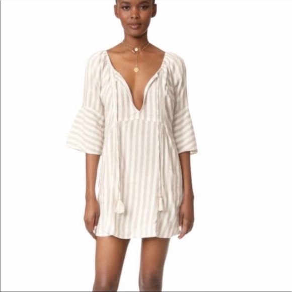Free People Folk Town‎ Linen Off-Shoulder Striped Mini Dress Size XS - Picture 3 of 10